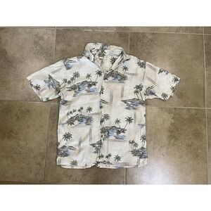 Campia Moda Men's Sz M Hawaiian Shirt Beige Floral Tropical Palms Collar Aloha